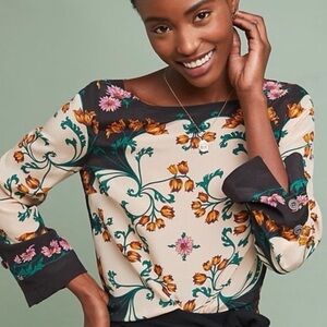Maeve Anthropologie 100% Silk Floral Long Sleeve Top Size 10